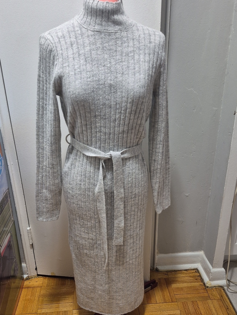 William Rast Light Gray Rib-Knit Turtleneck Midi Dress with Tie Waist